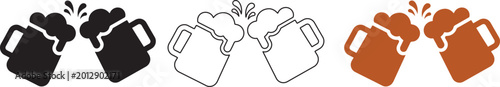 Photos Three different stylized icon representations of frothy beer mugs clinking toget