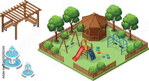 Bild auf Leinwand Isometric public park playground vector set with gazebo fountain pergola trees s