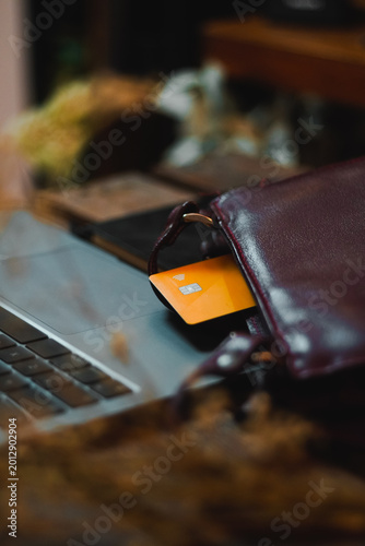 Картината върху платно Laptop and a credit card being pulled from a handbag