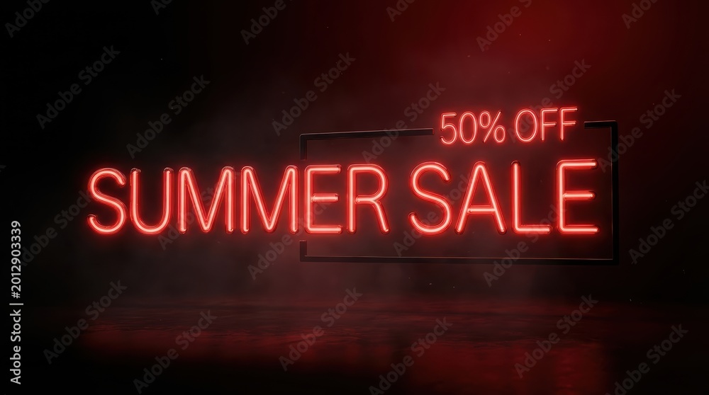 Obraz premium Red neon summer sale sign with fifty percent discount on a dark smoky background.