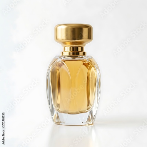 Elegant perfume bottle with gold cap isolated on white background