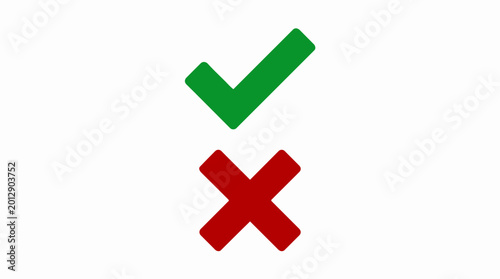 Green check mark and red cross symbol, right and wrong, correct and incorrect, yes and no, approval and rejection, true and false, options, choice.