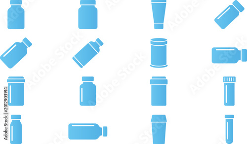 Schilderij op canvas Assortment of medical bottle and container icons representing different pharmaceutical packaging for medicine
