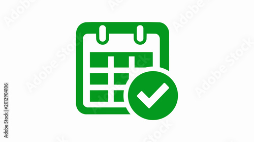 Green calendar with checkmark icon signifying scheduled appointment or successful planning, isolated on white.