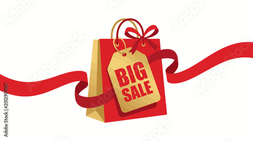 A big sale sign is attached to a gift bag with a red ribbon