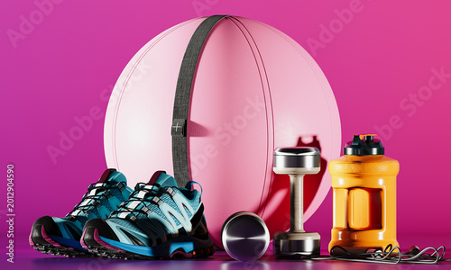 Gym accessory on pink purple background. Workout concept design. 3D Rendering, 3D Illustration