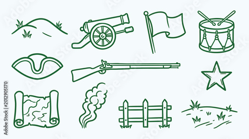 Fotografía American Revolutionary War historical icons set with cannon, musket, flag, drum, and other elements