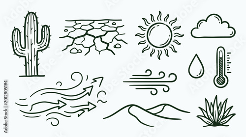 Tableau sur toile Desert climate elements set with cactus, sun, wind, and dry land illustrations