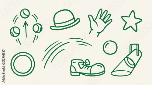 Photos Set of circus and entertainment themed line art icons including juggling balls, bowler hat, hand, star, hoop, shoe, spotlight, and motion lines