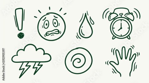 Tableau sur toile Doodle icons representing anxiety, stress, and panic, including an exclamation mark, worried face, sweat, alarm clock, storm cloud, spiral, and trembling hand