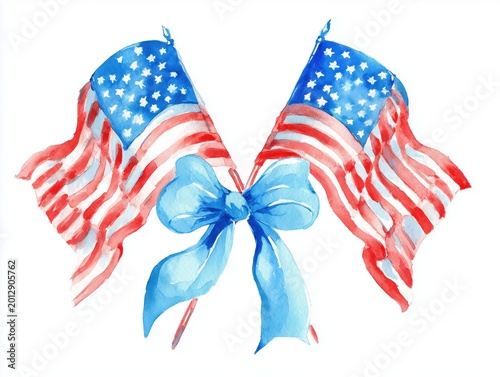 Patriotic USA Flags with Ribbon Decorative Illustration