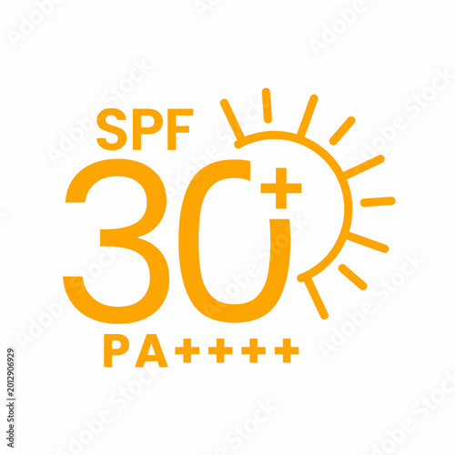 SPF 30 sunscreen logo indicating sun protection for skincare packaging on white background