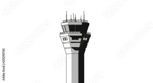 Tableau sur toile Stylized two-tone air traffic control tower in black and grey, isolated white background