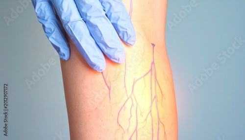 Close-up of human limb with illuminated veins, gloved hand pressing gently, bright light highlighting branching vein pattern, medical visualization for procedure guidance.