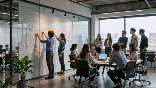 Team collaborating on a project in a modern office