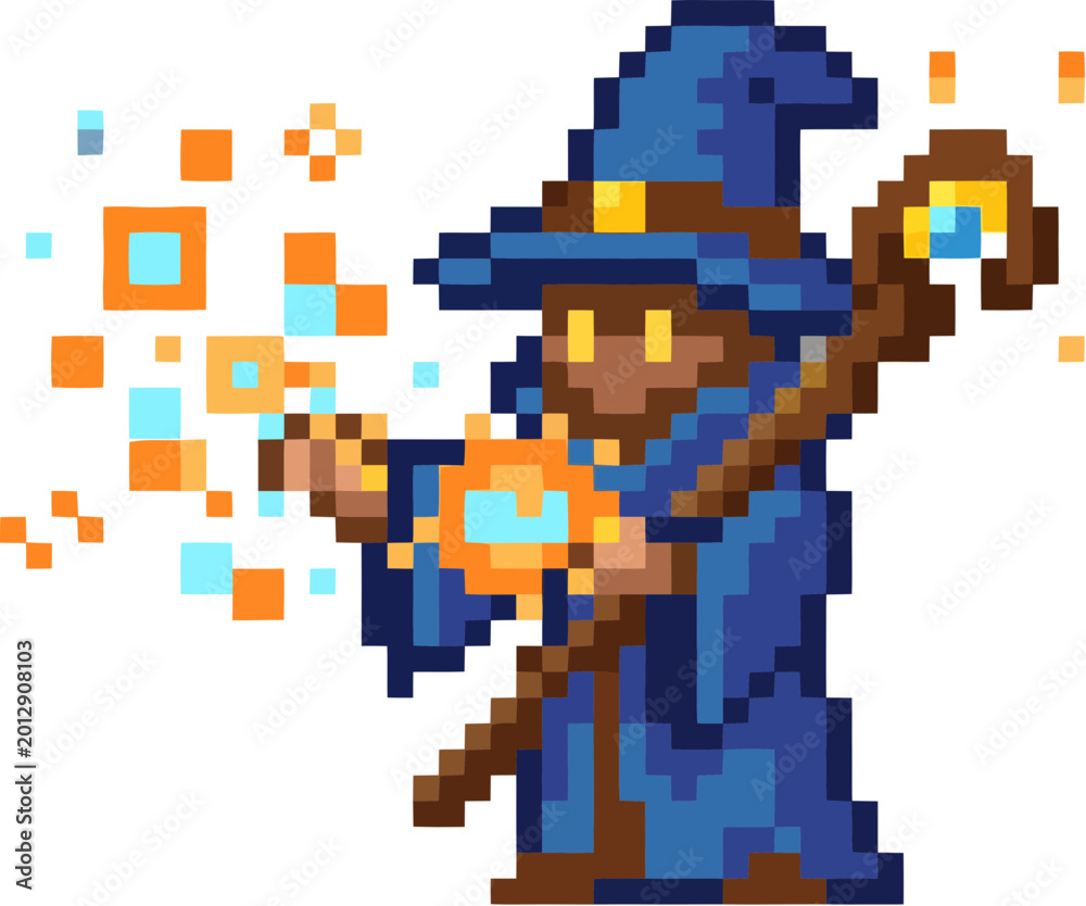 Obraz premium Pixel art wizard casting magic spell.