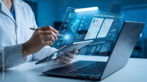 Doctor managing digital healthcare workflow and patient medical analytics using futuristic virtual dashboard technology