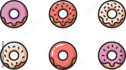 Cartoon donuts with colorful sweet glazes and sprinkles on white background  tasty dessert icons