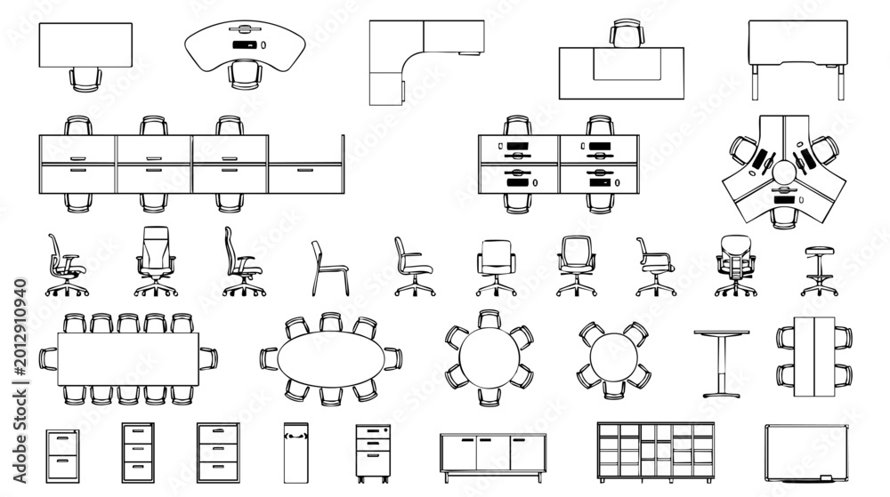 Fototapeta premium Architectural CAD Block Collection of Office Furniture, Top View Workstation Layout, Desk Chair Meeting Table Vector Blueprint, Minimalist Technical Line Drawing, Clean Black and White Design