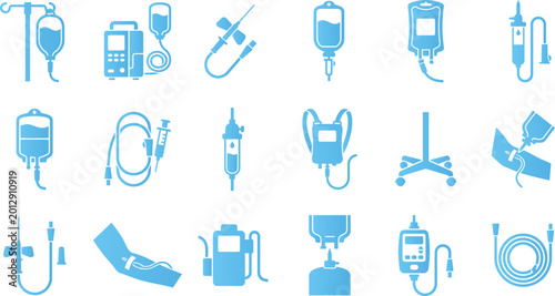 Medical infusion set and equipment icons in blue for healthcare and hospital use.