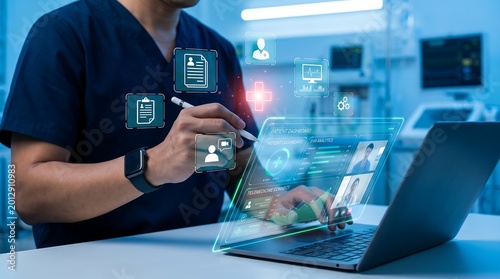 Healthcare professional using telemedicine patient dashboard and digital medical analytics interface on modern laptop