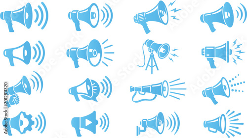 Bild auf Leinwand Blue megaphones broadcasting sound waves communication symbol graphic illustration
