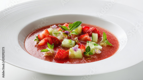strawberry and balsamic gazpacho with basil oil and cucumber