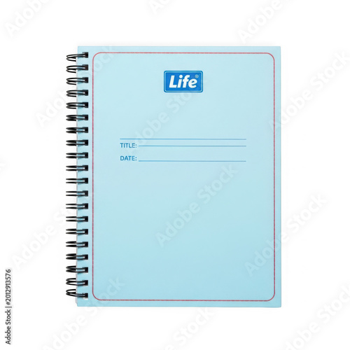 Light blue spiral notebook with logo