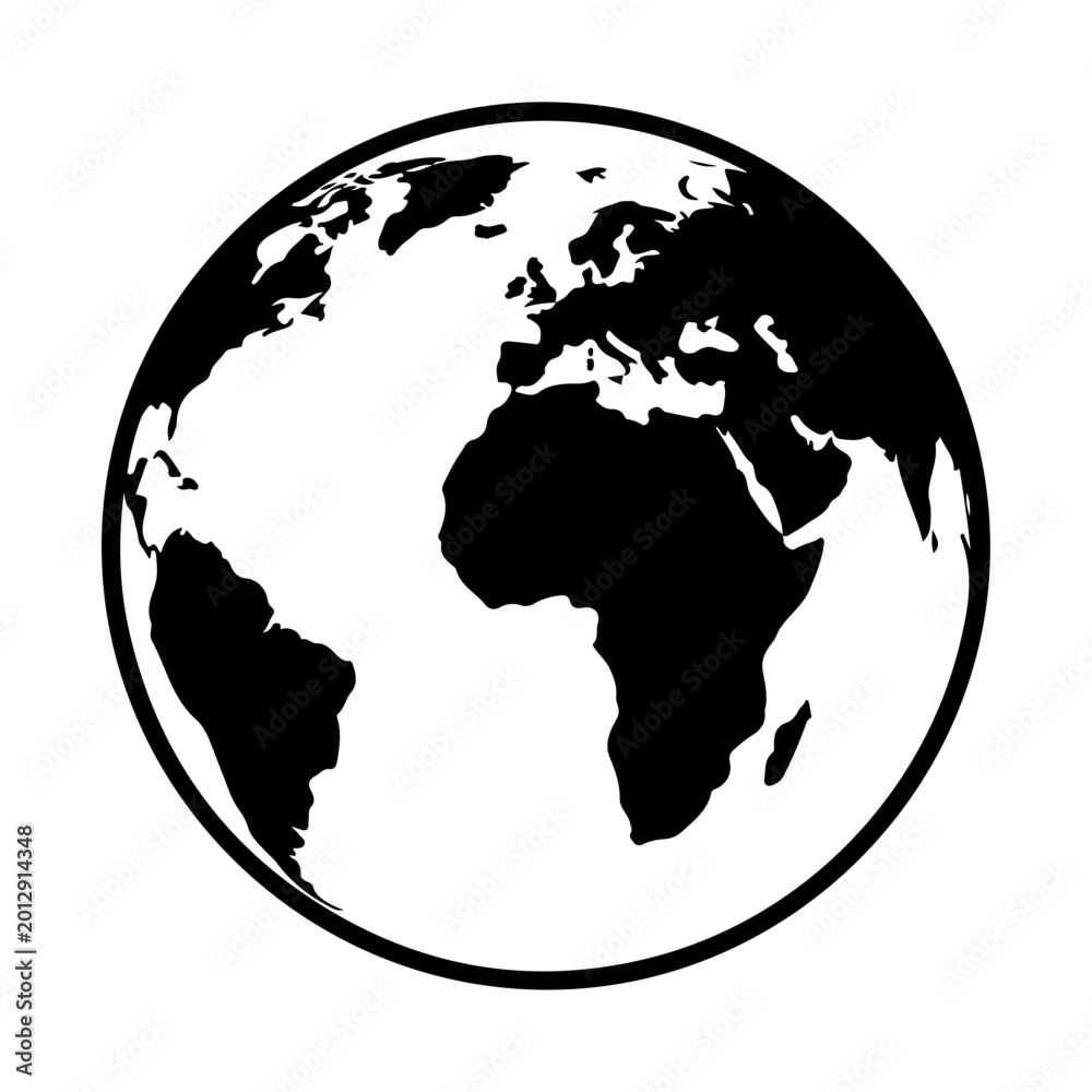 Obraz premium Minimalist world globe icon, black and white earth map silhouette, global planet symbol for international business and travel logistics