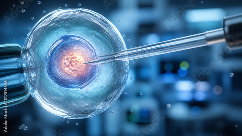 Close Up of Microscopic Cell Injection Procedure Representing Advanced Genetic Engineering and Biotechnology Research