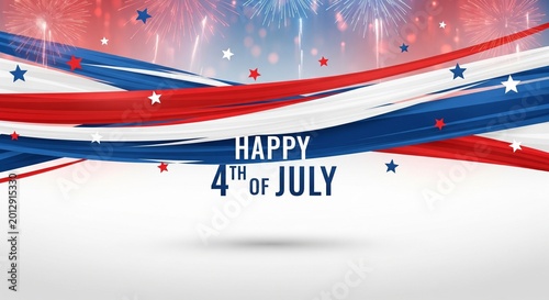 Happy 4th of July text with red white and blue wavy ribbons and fireworks celebration background illustration
