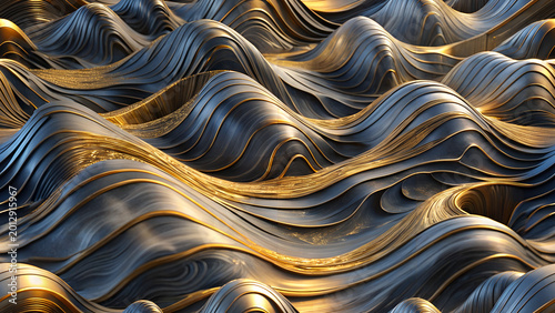 Abstract gold and black wavy lines metallic surface texture