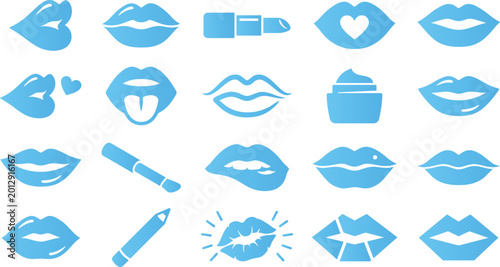 Φωτογραφία Collection of blue lips and lipstick icons representing beauty fashion romance and expressions kissing pouting