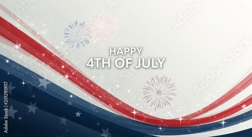 Happy 4th of July text with fireworks and abstract patriotic stripes and stars graphic design background with sparkling lights and bokeh effect