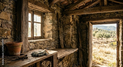 Rustic interior of an old barn with stone walls and wooden beams