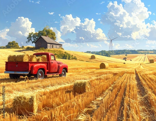 Red truck hauls hay bales across golden, sun-drenched farmland under blue skies