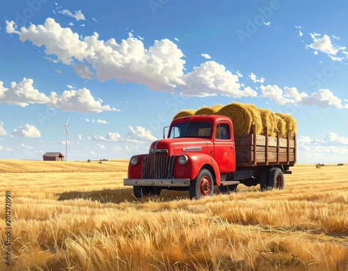 Red truck hauls hay bales across golden, sunlit field under sky