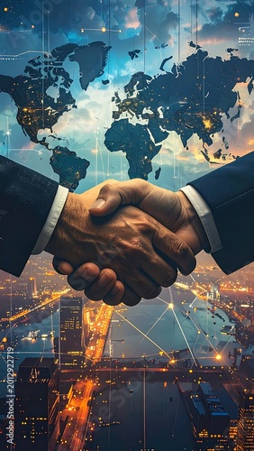 Business partnership handshake global connections.