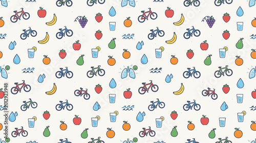 Colorful illustration of cycling, healthy food, and hydration