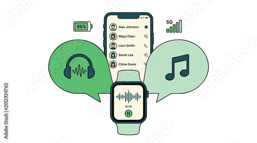 Smartwatch, music, headphones, mobile phone, audio icons, wearable technology