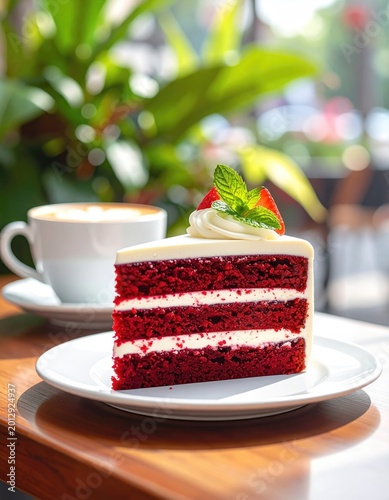 A slice of red velvet cake with cream cheese frosting and fruit garnish