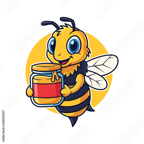 Cute Honey Bee Mascot Holding a Jar of Delicious Honey