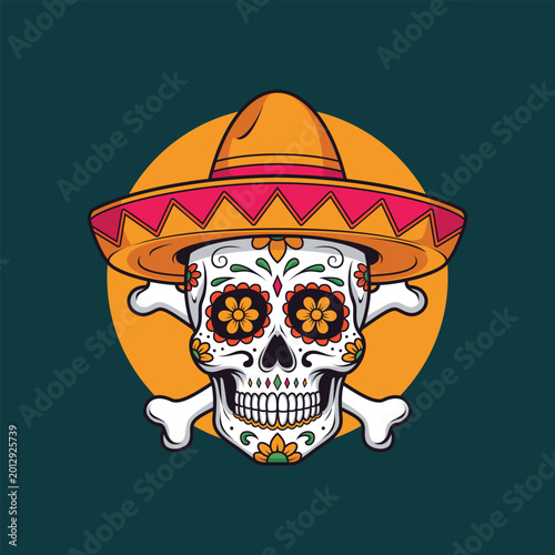 Illustration of a Mexican Skull with a Sombrero Hat Day of the Dead