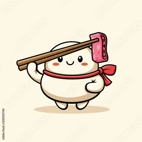 Cute Dumpling Mascot Character Holding Chopsticks and Meat Slice