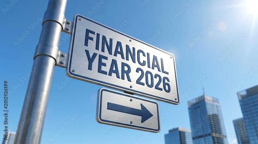 Obraz premium Financial Year 2026 road sign indicating future financial goals against city skyline