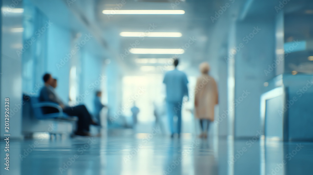 © Subin - A busy hospital corridor filled with patients and medical staff moving through the bright and sterile environment.