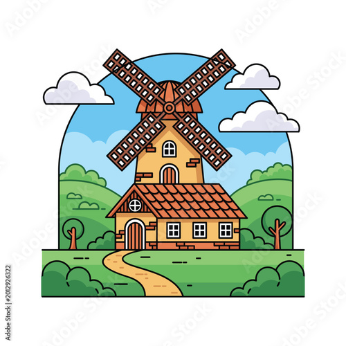Traditional European Windmill House in Scenic Green Landscape