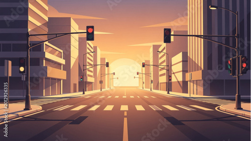 фотографія City street at sunset with traffic lights.