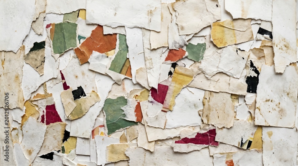 Naklejka premium Torn paper fragments on white wall distressed texture background