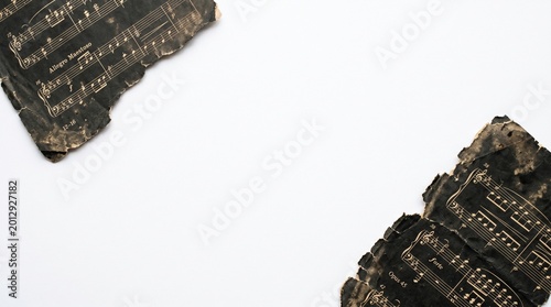 Torn and burnt sheet music fragments on white background
